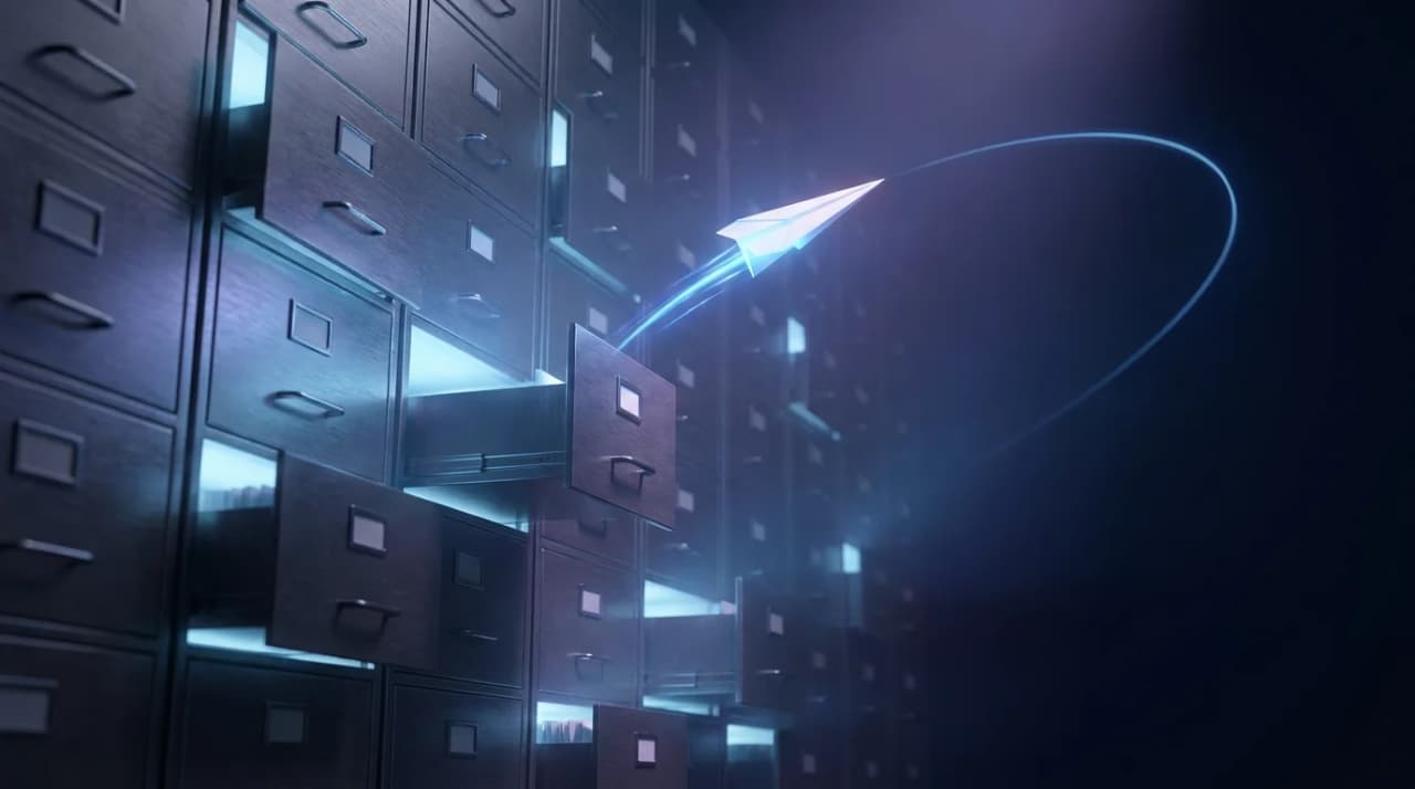 A wall of glowing filing-cabinet drawers, mostly closed, with one bright paper airplane launching out of a single open drawer along an arcing trail of light.