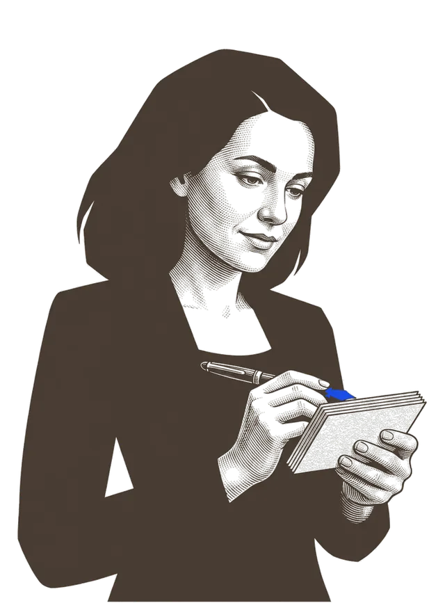 A woman signing the top card of a small stack she's holding, pen still touching the page