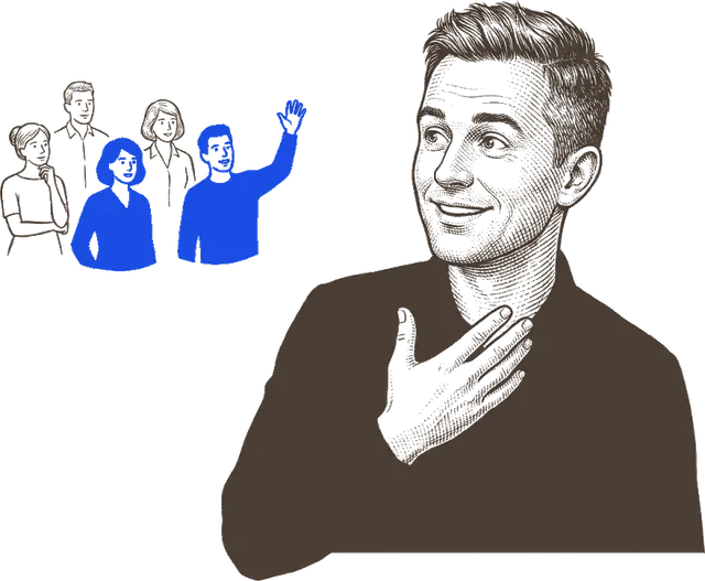 A man waving hello, a couple of small blue figures waving back among a few plain grey ones