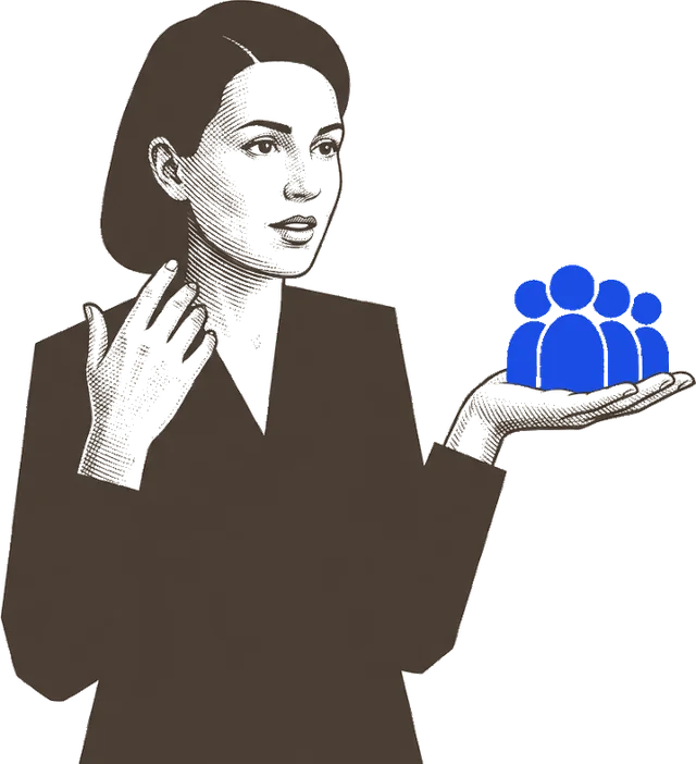 A woman just finishing a question, a small cluster of blue figures already resting in her other open hand as the answer