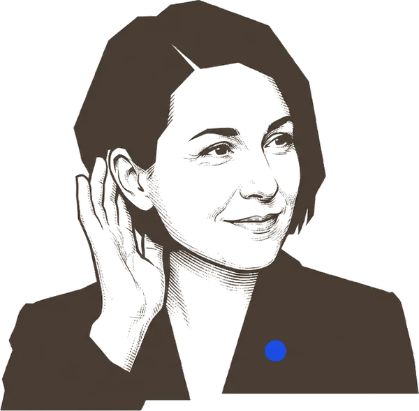 A woman leaning in with her hand cupped by her ear, listening closely