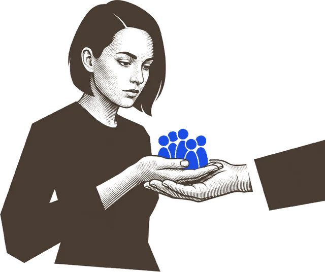 A woman handing a small cluster of blue figures directly into a second hand reaching in from the edge of the frame