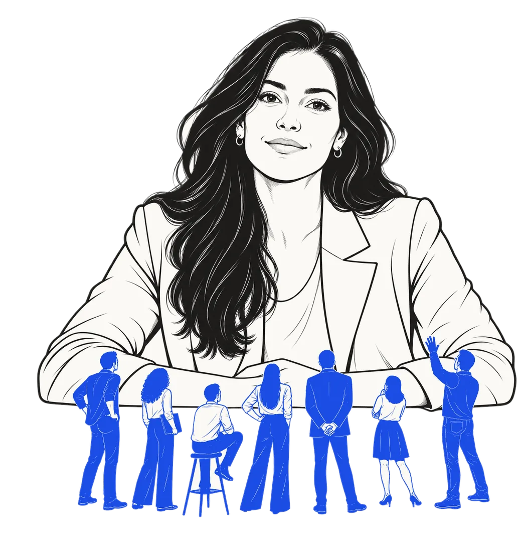 Vera leaning on a counter, with seven people drawn in blue standing at it and looking up at her