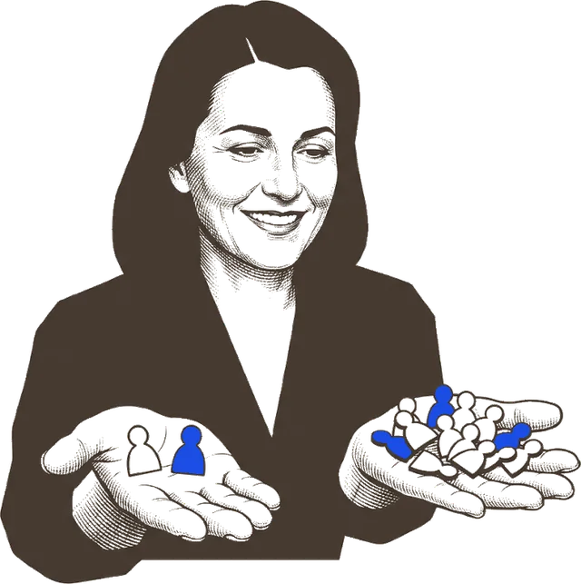 A woman holding a small handful of mostly outlined figures in one hand and a much larger handful in the other, a few of each filled in blue