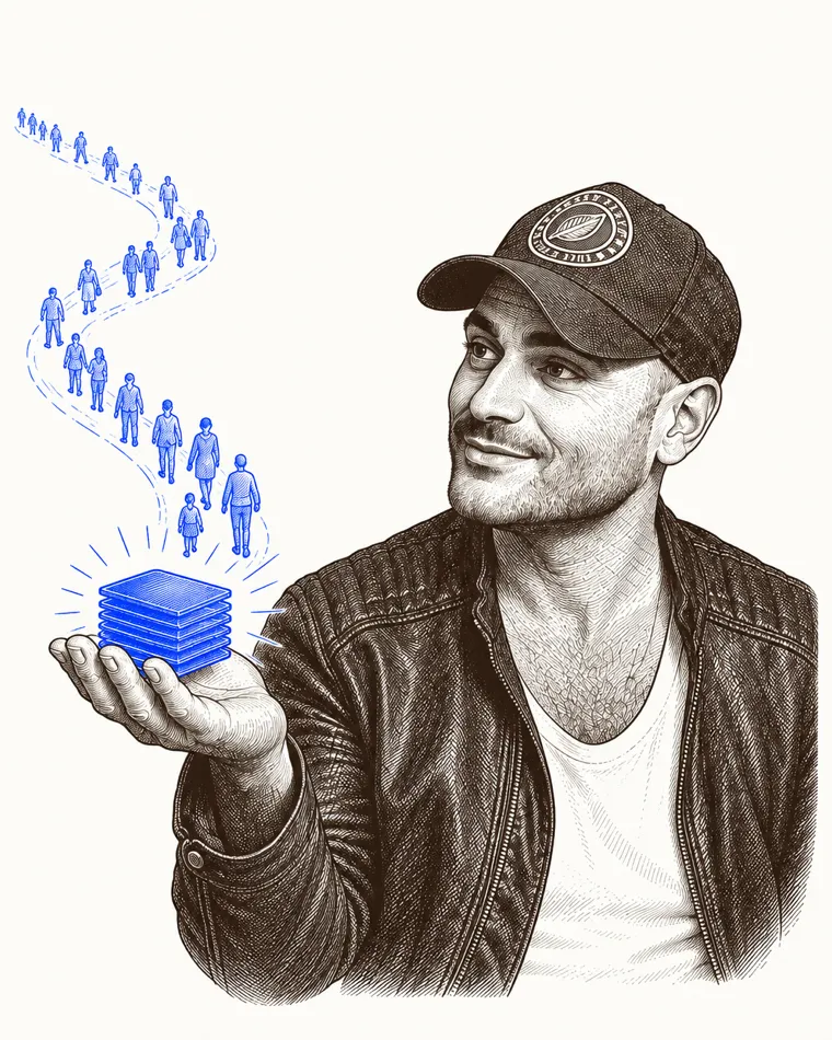 Benjamin Benoudis, co-founder of BeReach, holding the six skills in his open hand, a line of people drawn in blue behind them